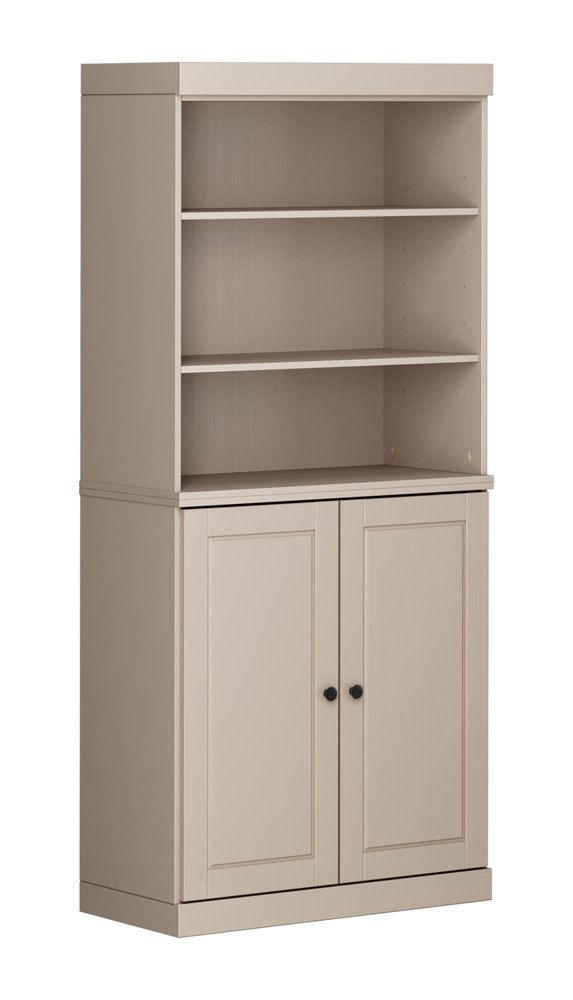 72" Beige Solid Wood Adjustable Six Tier Library Bookcase with Two Doors