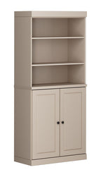 72" Beige Solid Wood Adjustable Six Tier Library Bookcase with Two Doors
