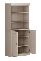 72" Beige Solid Wood Adjustable Six Tier Library Bookcase with Two Doors