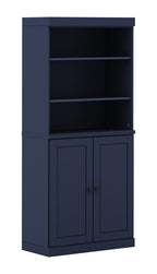 72" Navy Blue Solid Wood Adjustable Six Tier Library Bookcase with Two Doors