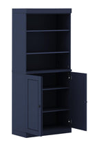 72" Navy Blue Solid Wood Adjustable Six Tier Library Bookcase with Two Doors