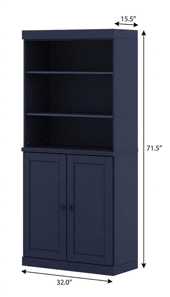72" Navy Blue Solid Wood Adjustable Six Tier Library Bookcase with Two Doors