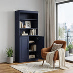 72" Navy Blue Solid Wood Adjustable Six Tier Library Bookcase with Two Doors