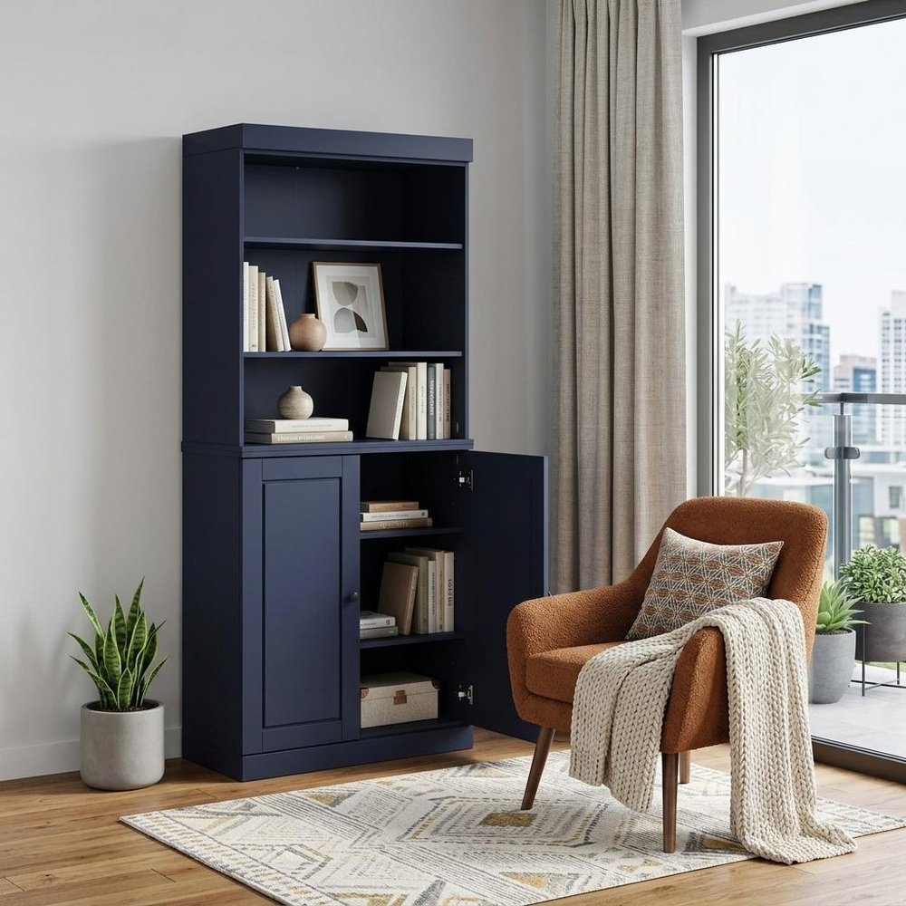 72" Navy Blue Solid Wood Adjustable Six Tier Library Bookcase with Two Doors