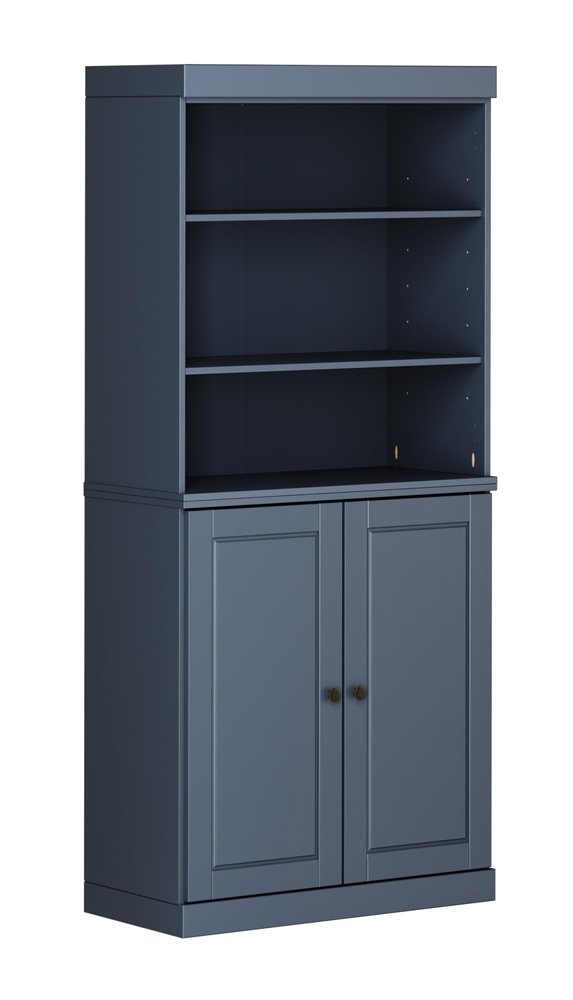 72" French Blue Solid Wood Adjustable Six Tier Library Bookcase with Two Doors