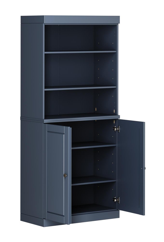 72" French Blue Solid Wood Adjustable Six Tier Library Bookcase with Two Doors
