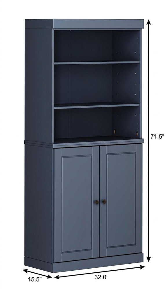 72" French Blue Solid Wood Adjustable Six Tier Library Bookcase with Two Doors