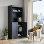 72" French Blue Solid Wood Adjustable Six Tier Library Bookcase with Two Doors