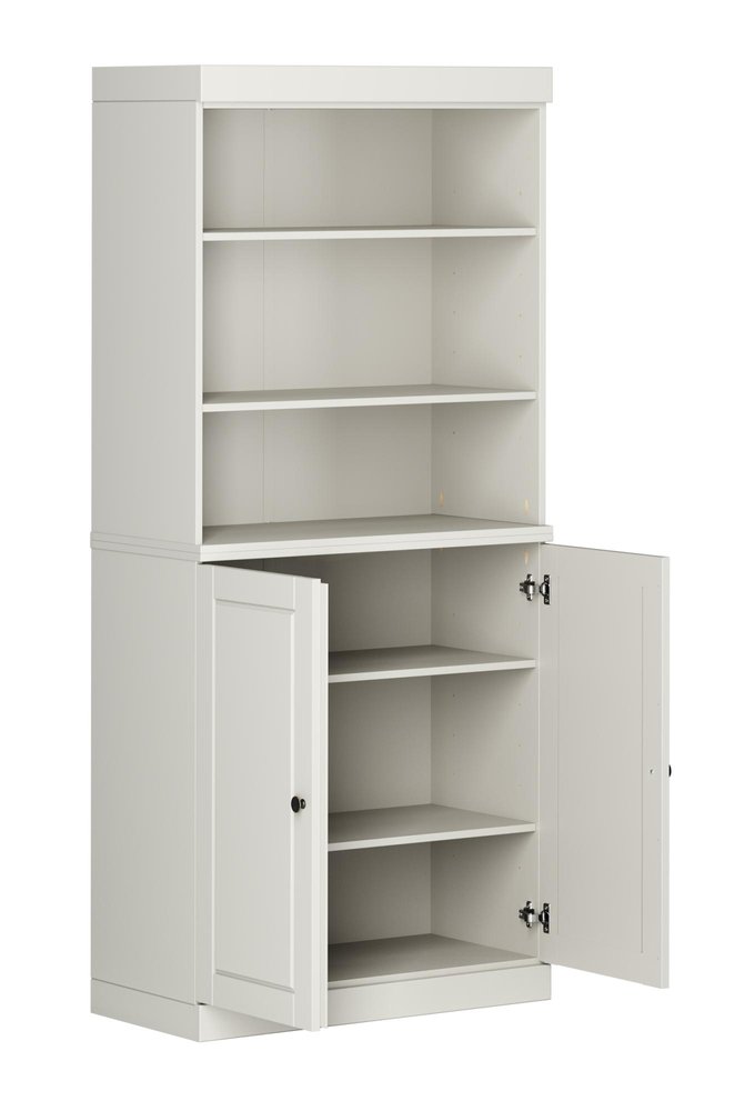 72" Off White Solid Wood Adjustable Six Tier Library Bookcase with Two Doors
