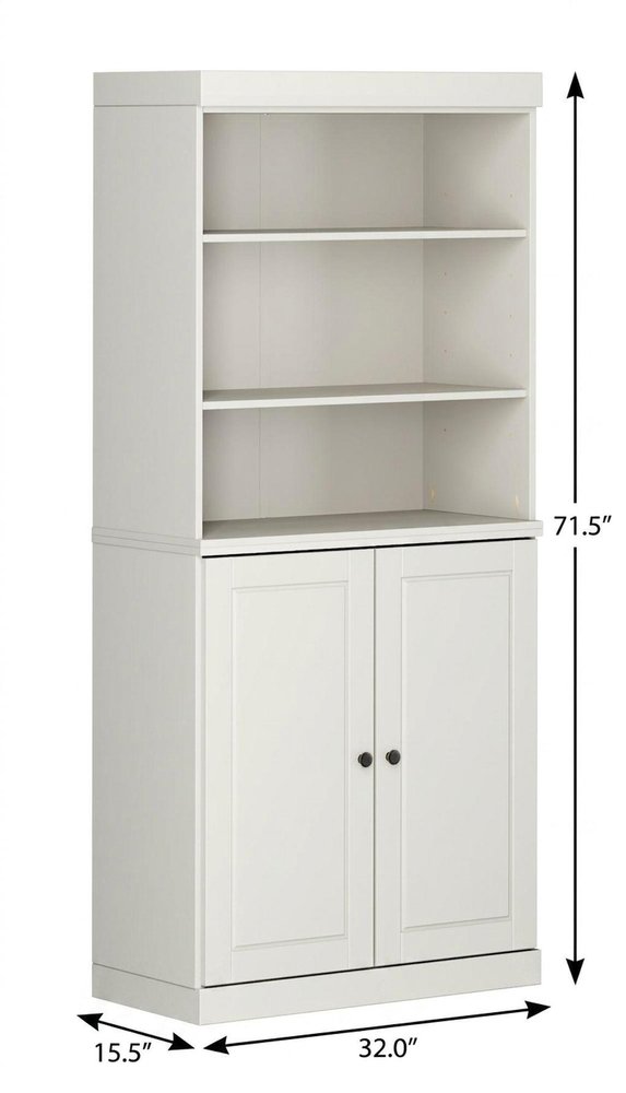 72" Off White Solid Wood Adjustable Six Tier Library Bookcase with Two Doors