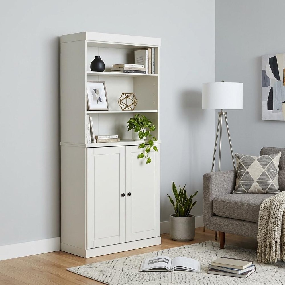 72" Off White Solid Wood Adjustable Six Tier Library Bookcase with Two Doors