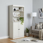 72" Off White Solid Wood Adjustable Six Tier Library Bookcase with Two Doors