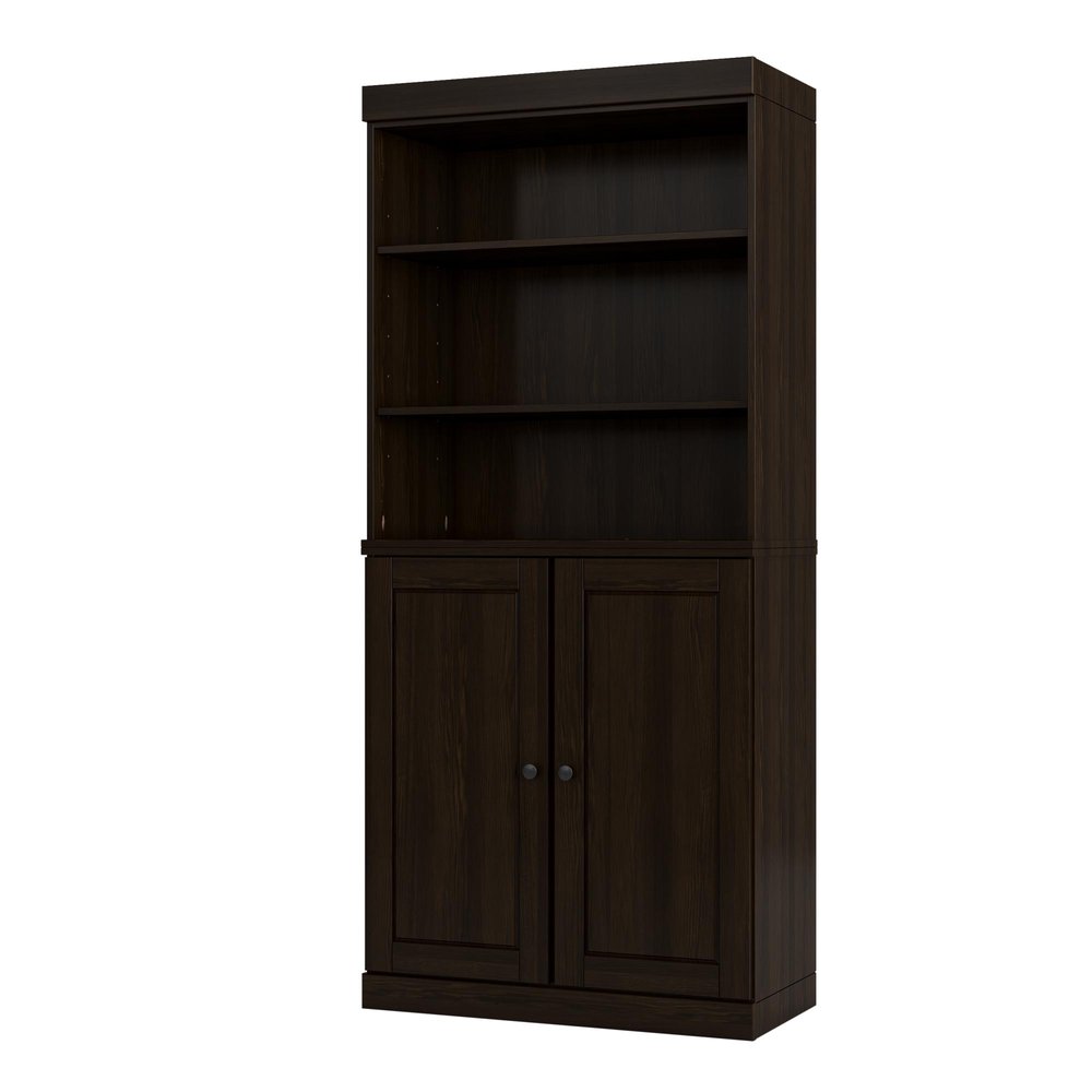 72" Espresso Solid Wood Adjustable Six Tier Library Bookcase with Two Doors
