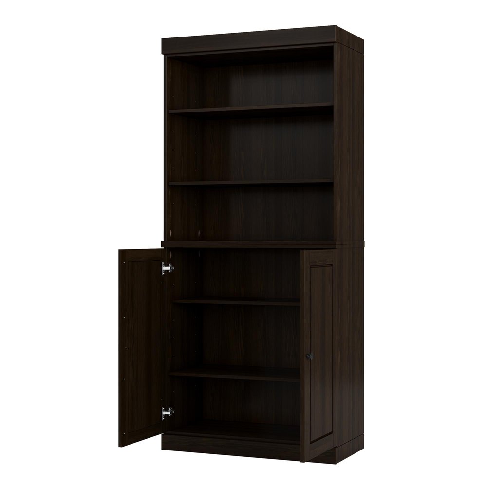 72" Espresso Solid Wood Adjustable Six Tier Library Bookcase with Two Doors