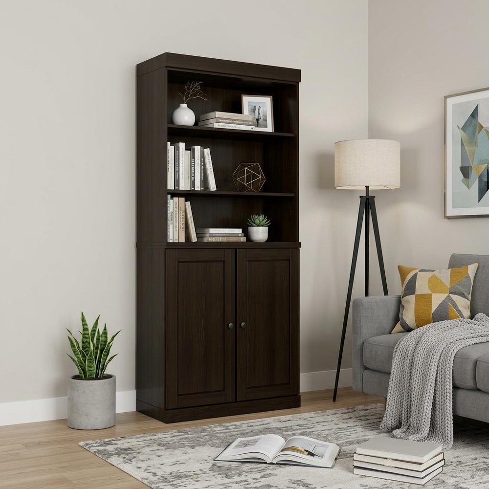 72" Espresso Solid Wood Adjustable Six Tier Library Bookcase with Two Doors