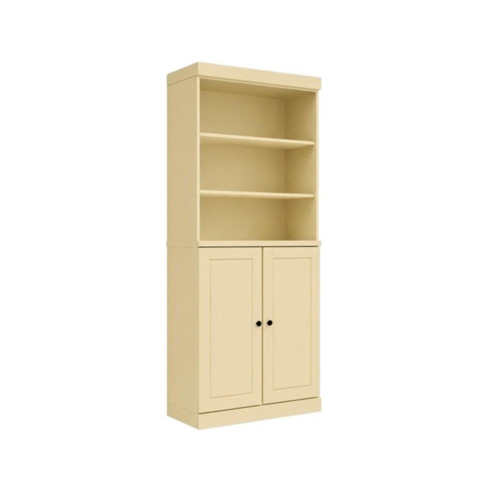 72" Yellow Solid Wood Adjustable Six Tier Library Bookcase with Two Doors