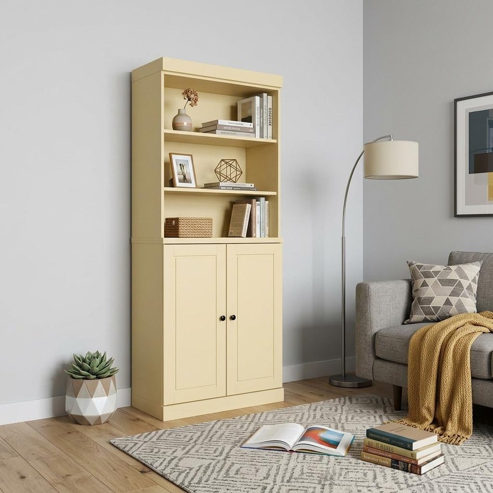 72" Yellow Solid Wood Adjustable Six Tier Library Bookcase with Two Doors
