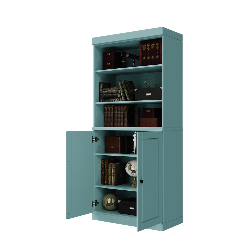 72" Aqua Solid Wood Adjustable Six Tier Library Bookcase with Two Doors