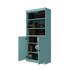 72" Aqua Solid Wood Adjustable Six Tier Library Bookcase with Two Doors