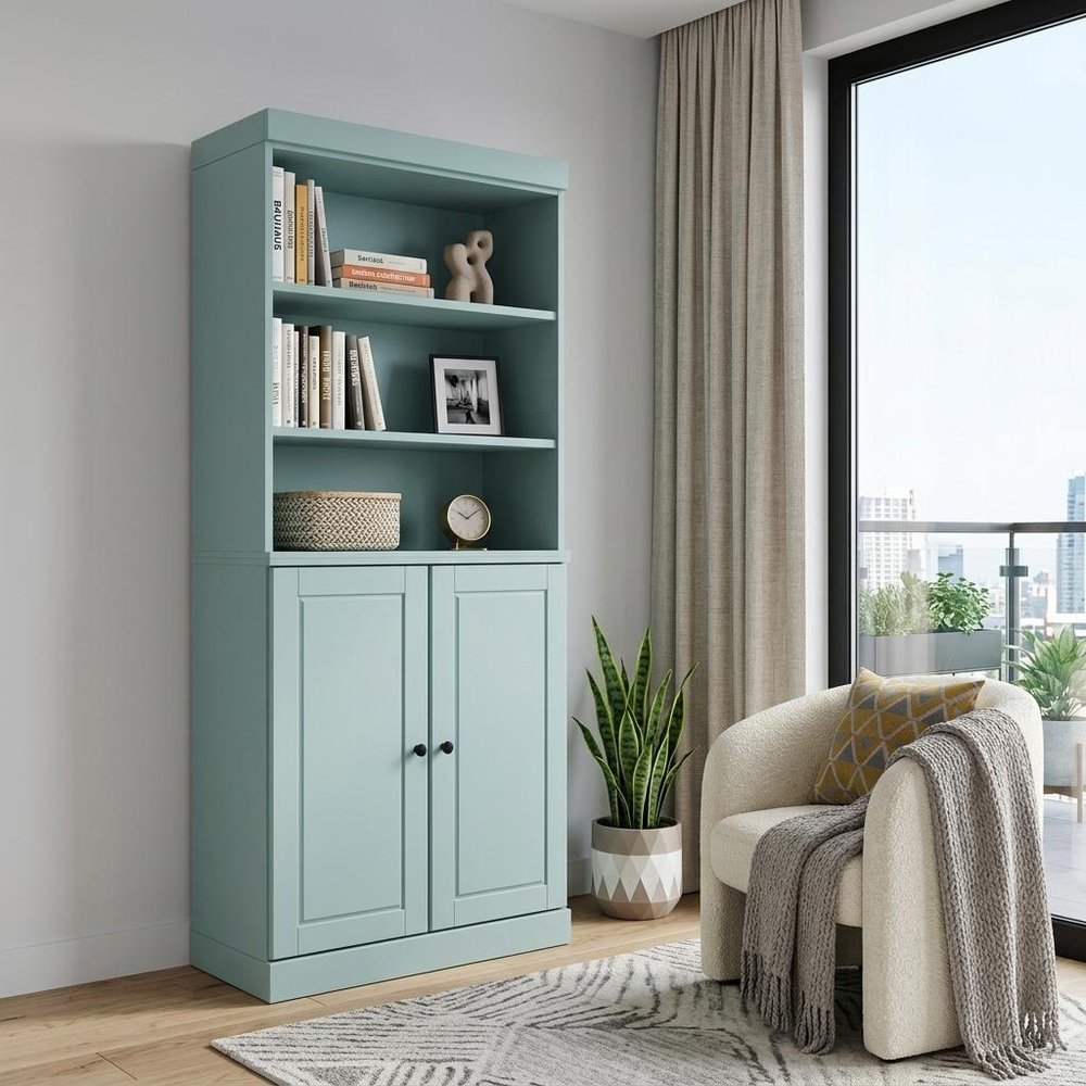72" Aqua Solid Wood Adjustable Six Tier Library Bookcase with Two Doors