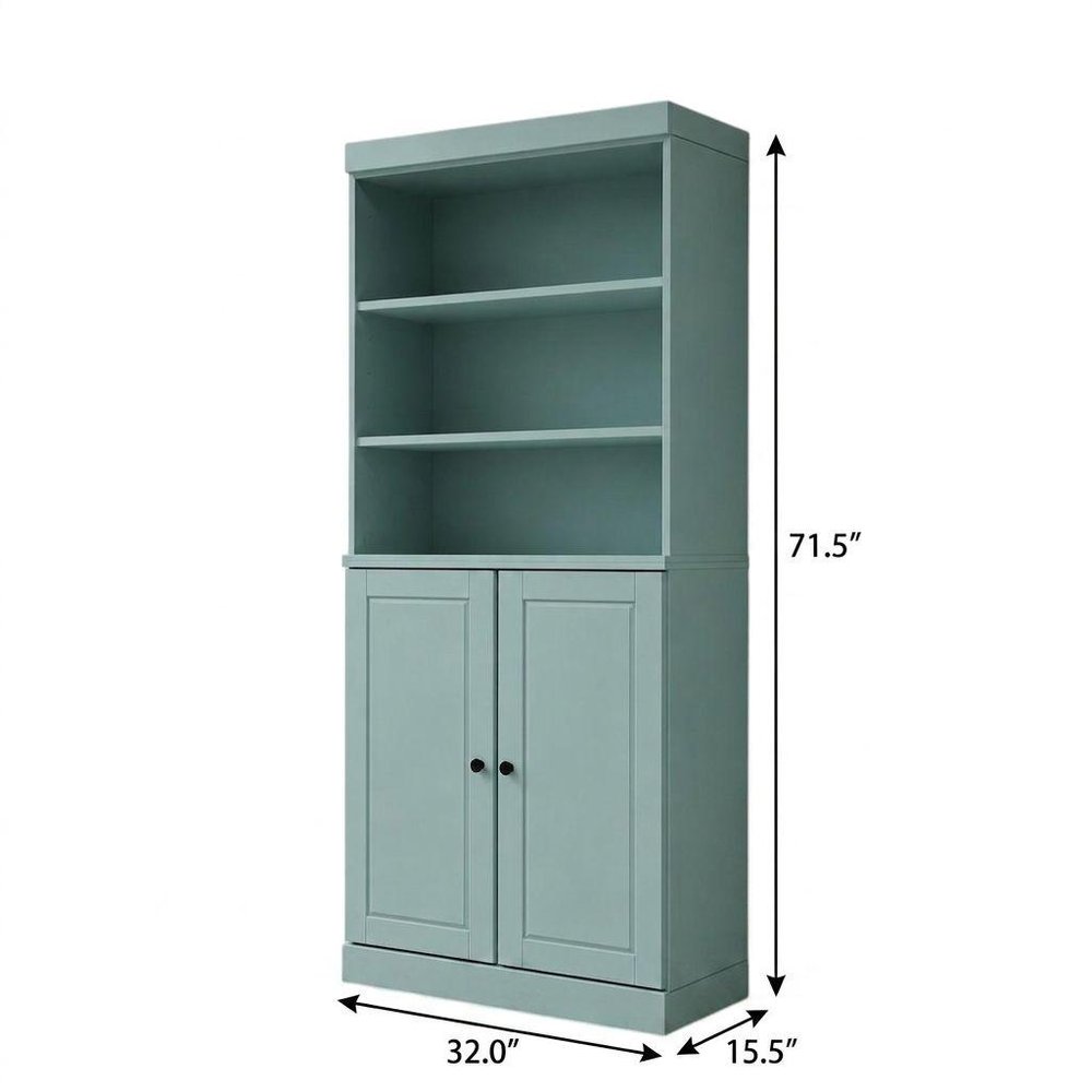 72" Aqua Solid Wood Adjustable Six Tier Library Bookcase with Two Doors