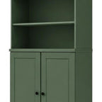 72" Green Solid Wood Adjustable Six Tier Library Bookcase with Two Doors