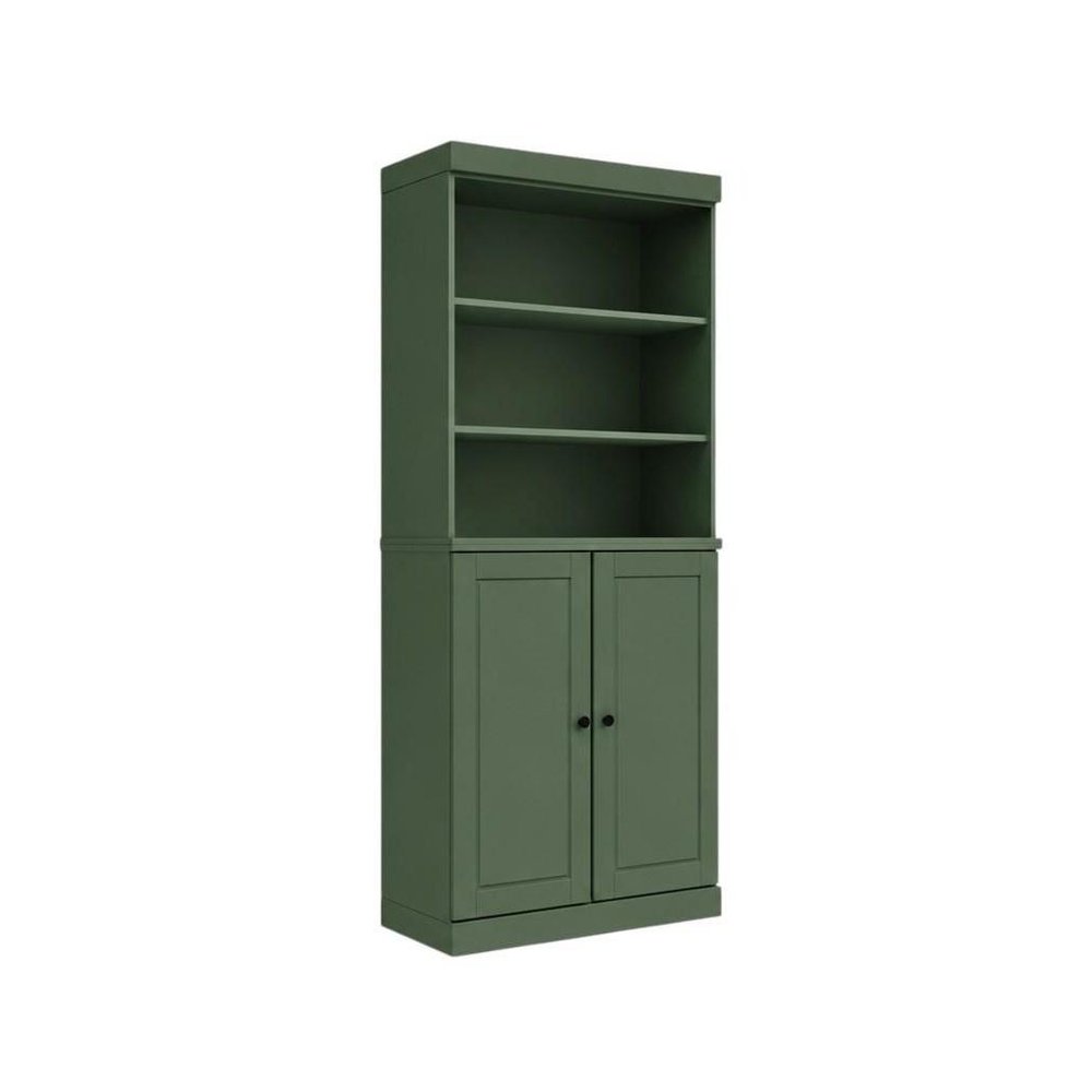 72" Green Solid Wood Adjustable Six Tier Library Bookcase with Two Doors
