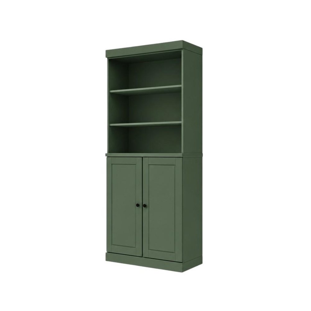 72" Green Solid Wood Adjustable Six Tier Library Bookcase with Two Doors