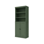 72" Green Solid Wood Adjustable Six Tier Library Bookcase with Two Doors