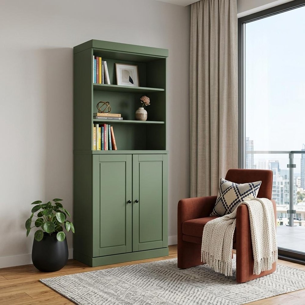 72" Green Solid Wood Adjustable Six Tier Library Bookcase with Two Doors
