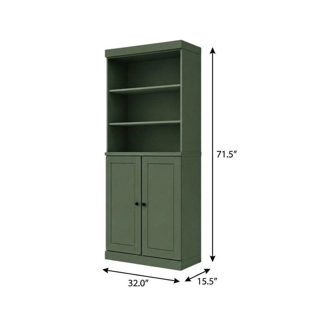 72" Green Solid Wood Adjustable Six Tier Library Bookcase with Two Doors