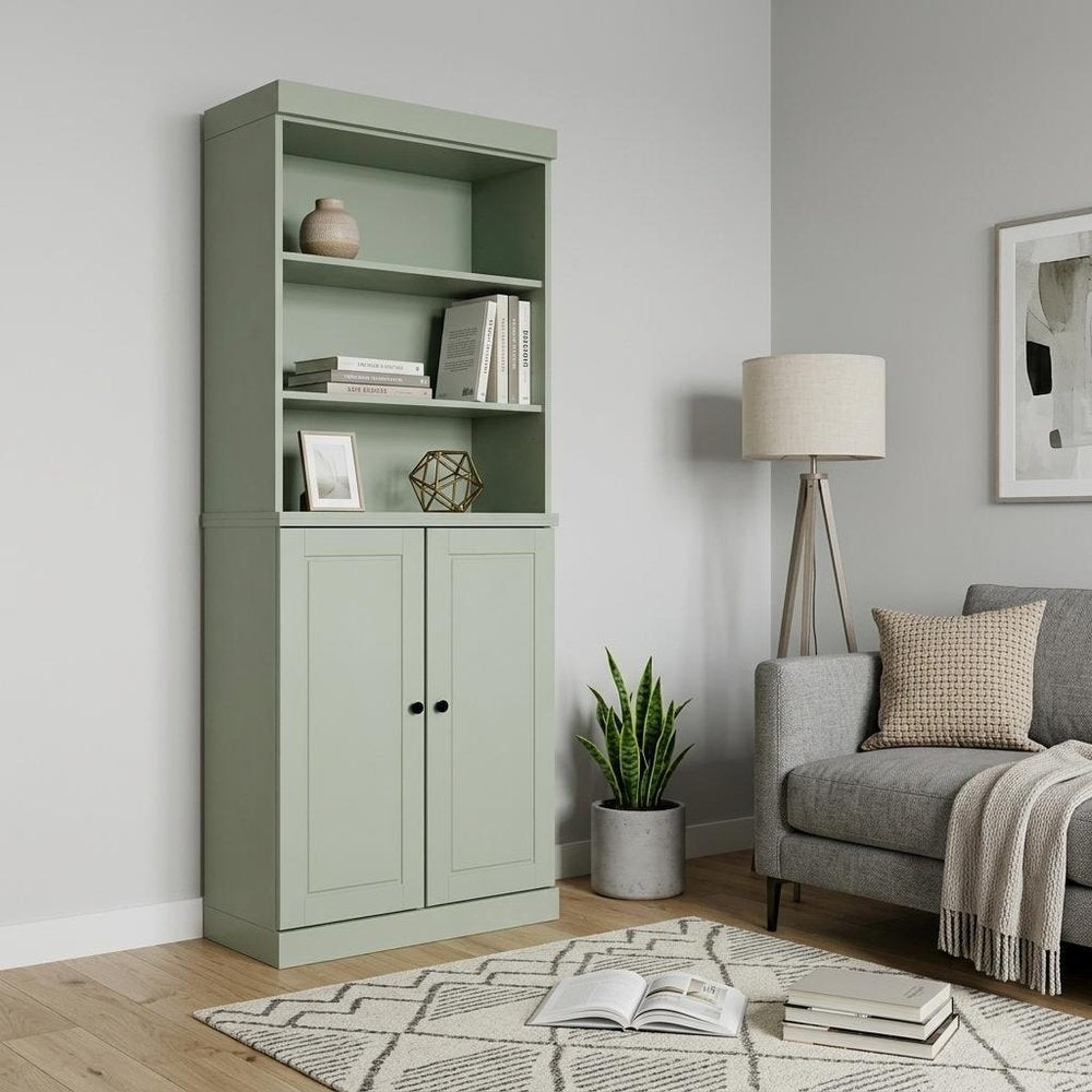 72" Sage Solid Wood Adjustable Six Tier Library Bookcase with Two Doors