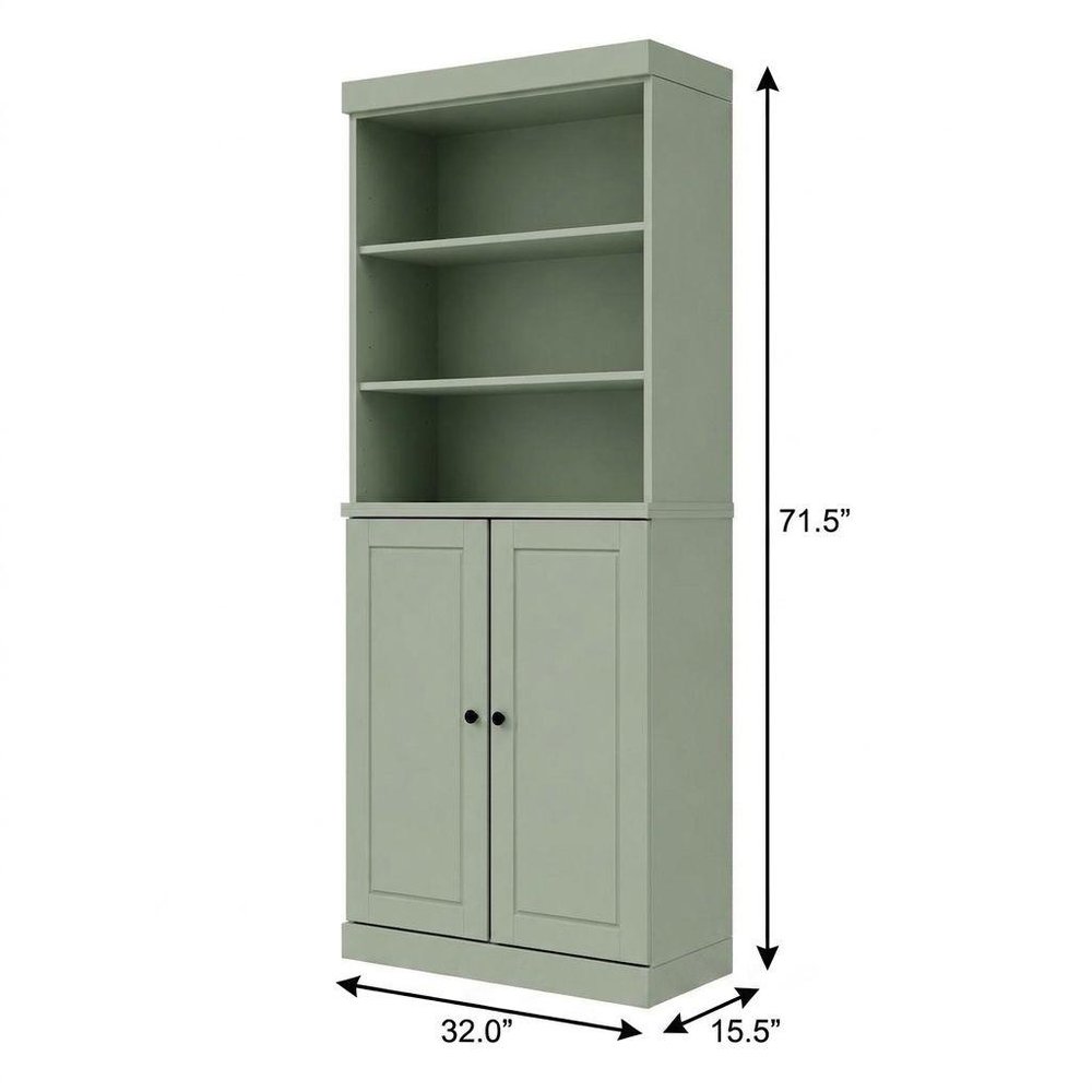 72" Sage Solid Wood Adjustable Six Tier Library Bookcase with Two Doors