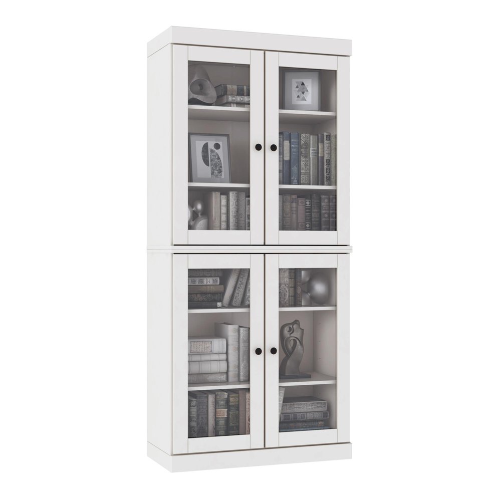 72" White Solid Wood Adjustable Six Tier Library Bookcase with Four Doors