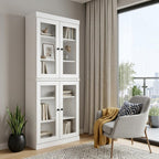 72" White Solid Wood Adjustable Six Tier Library Bookcase with Four Doors
