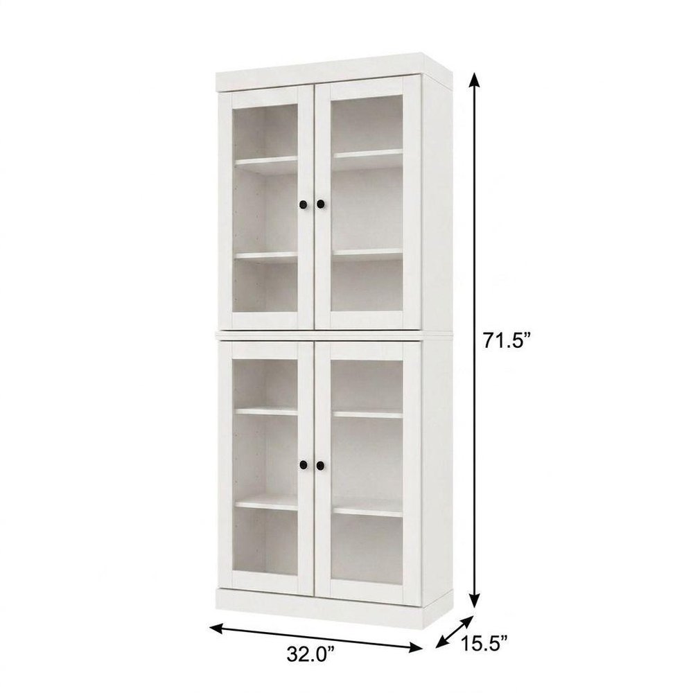 72" White Solid Wood Adjustable Six Tier Library Bookcase with Four Doors