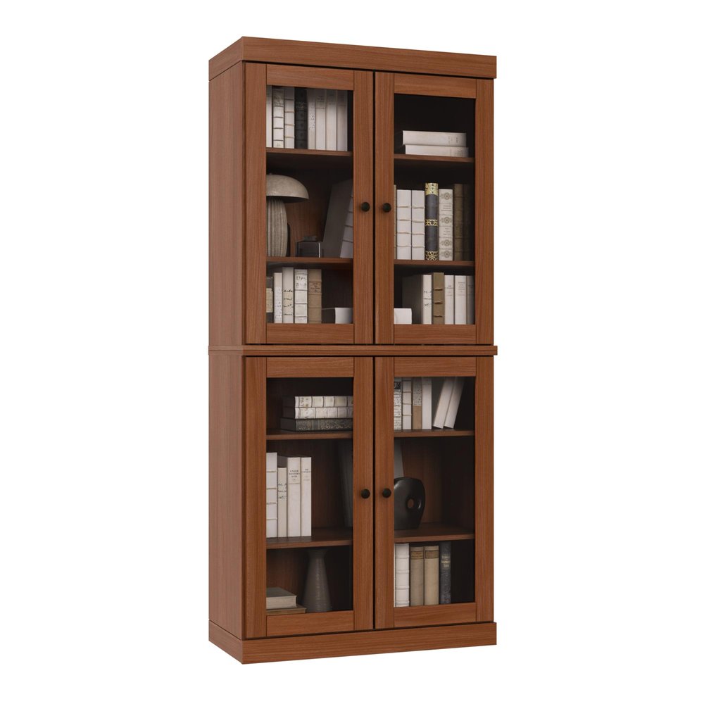 72" Coffee Solid Wood Adjustable Six Tier Library Bookcase with Four Doors