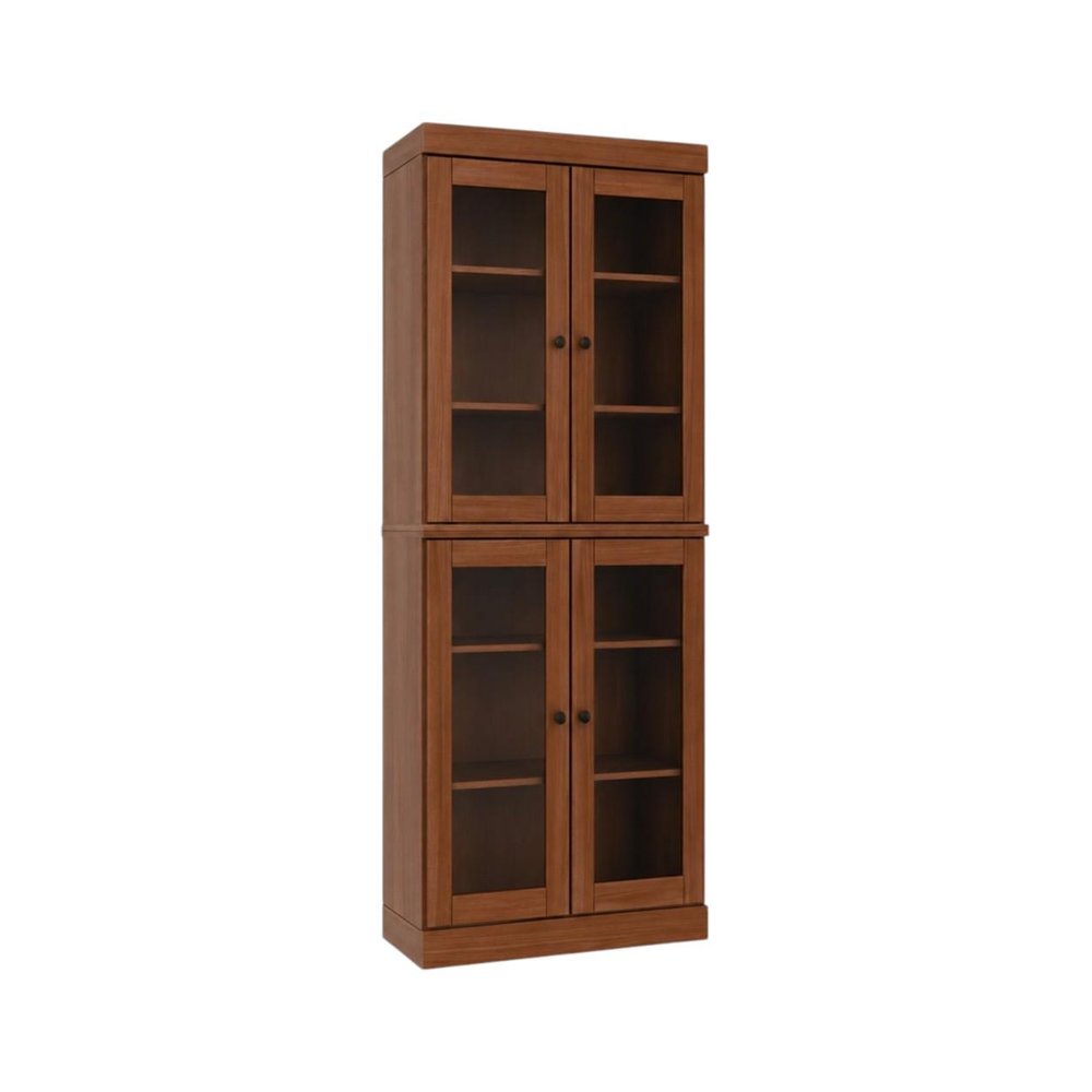 72" Coffee Solid Wood Adjustable Six Tier Library Bookcase with Four Doors