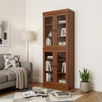 72" Coffee Solid Wood Adjustable Six Tier Library Bookcase with Four Doors