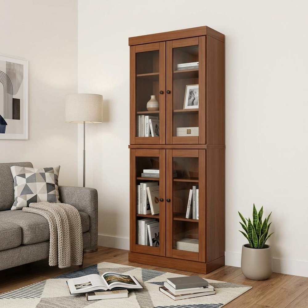 72" Coffee Solid Wood Adjustable Six Tier Library Bookcase with Four Doors