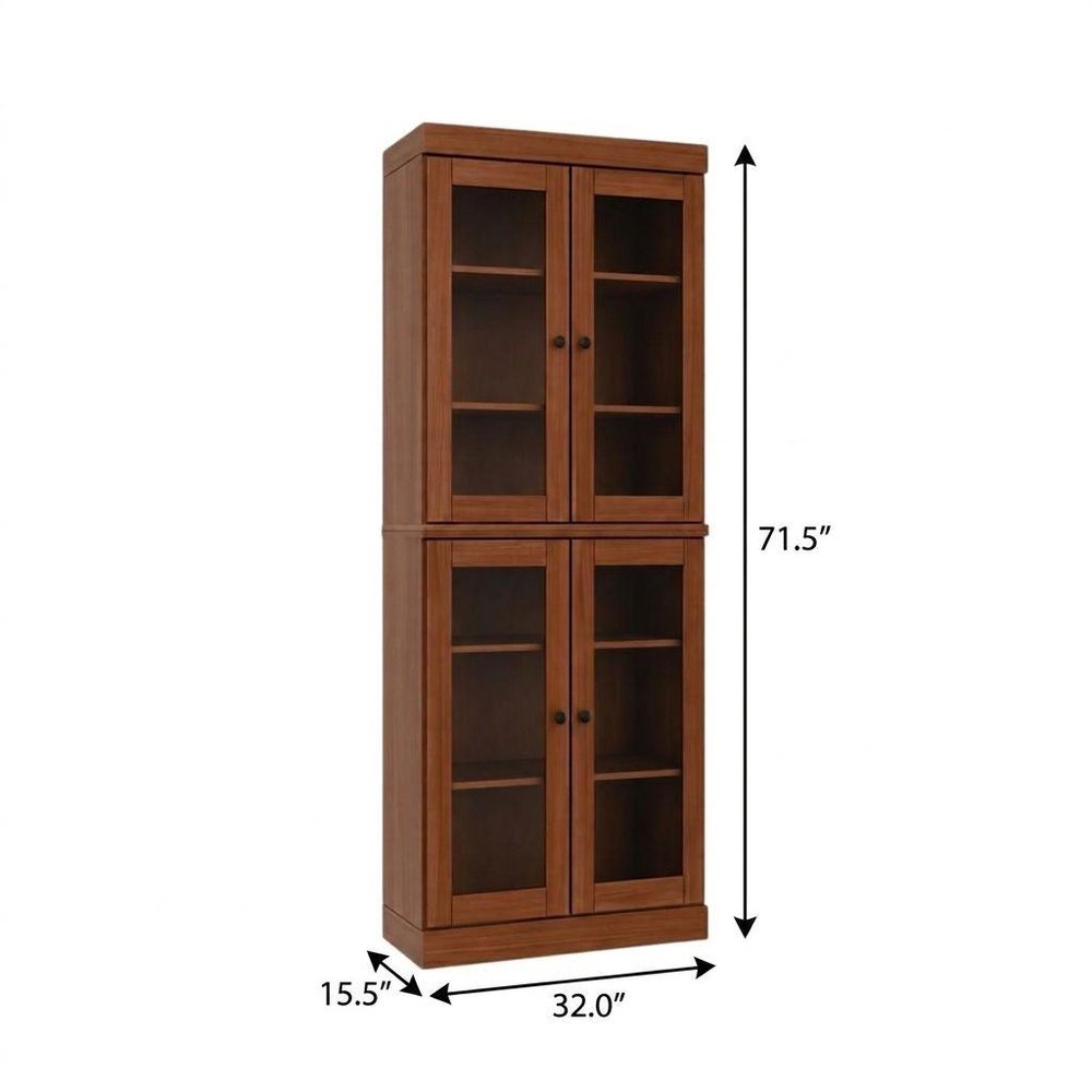 72" Coffee Solid Wood Adjustable Six Tier Library Bookcase with Four Doors
