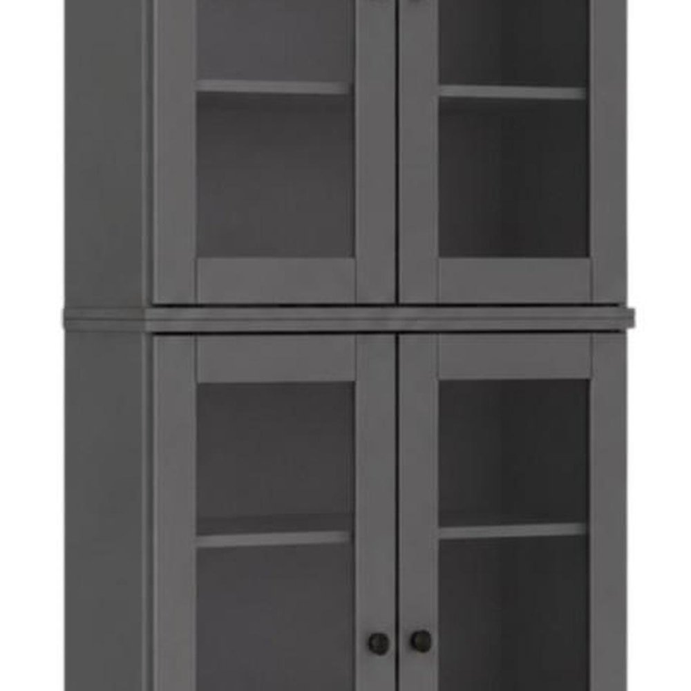 72" Gray Solid Wood Adjustable Six Tier Library Bookcase with Four Doors