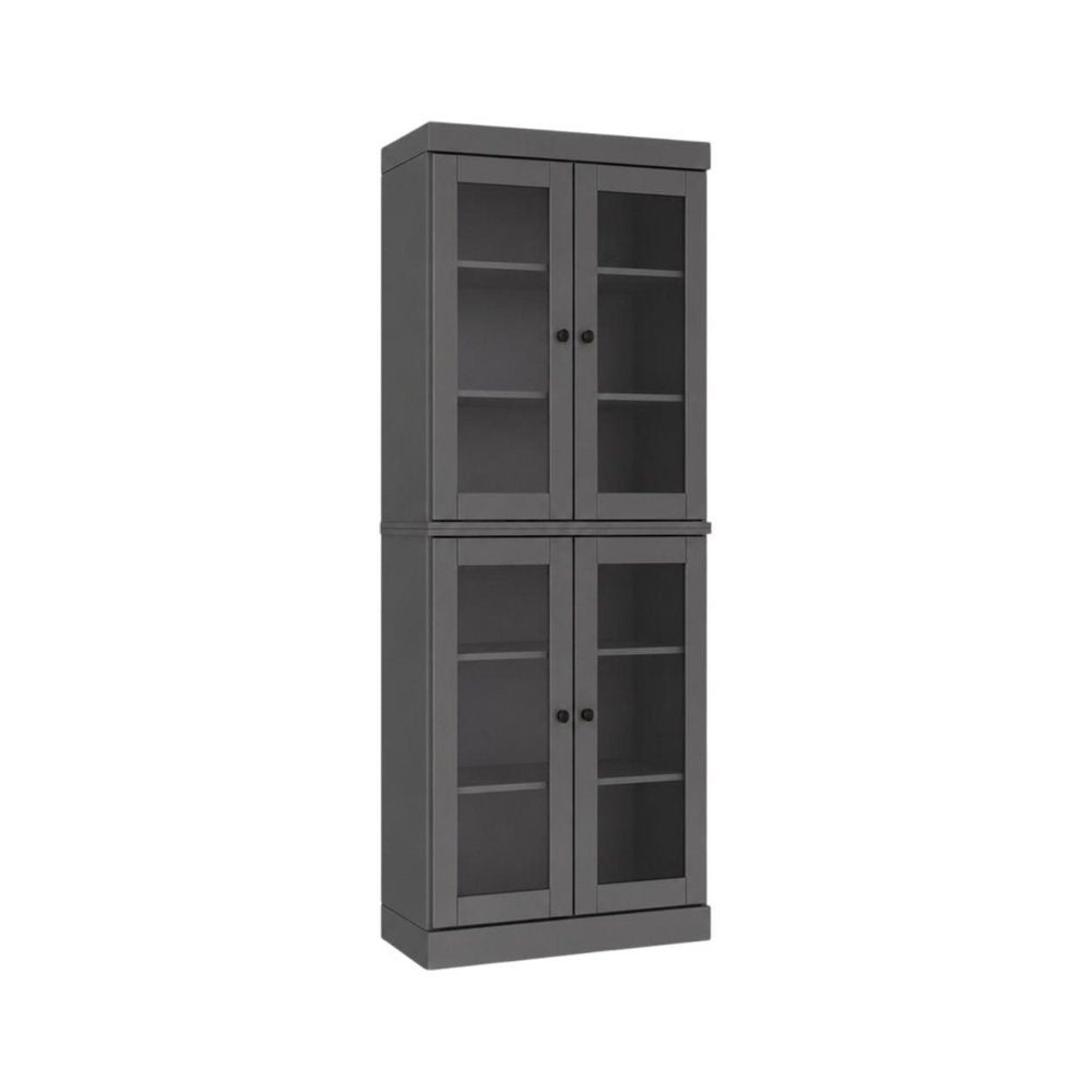 72" Gray Solid Wood Adjustable Six Tier Library Bookcase with Four Doors