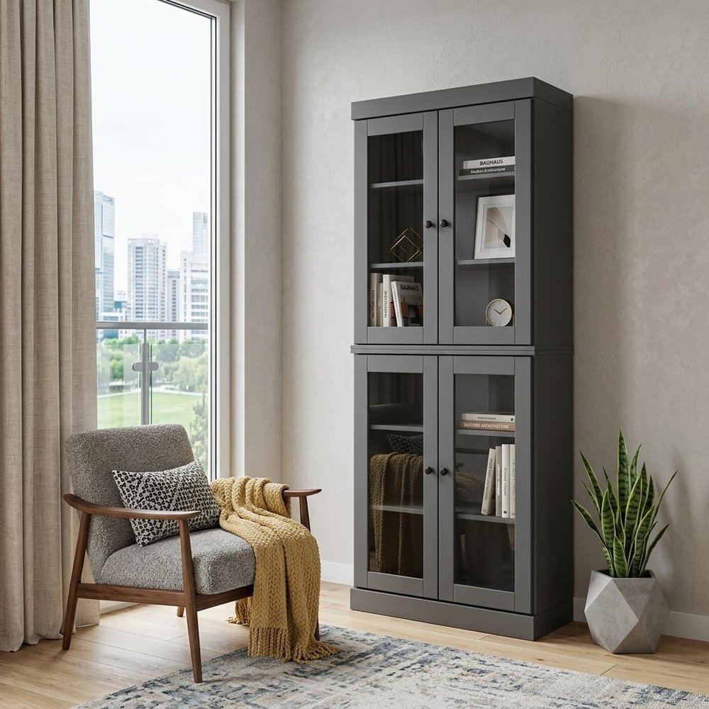 72" Gray Solid Wood Adjustable Six Tier Library Bookcase with Four Doors