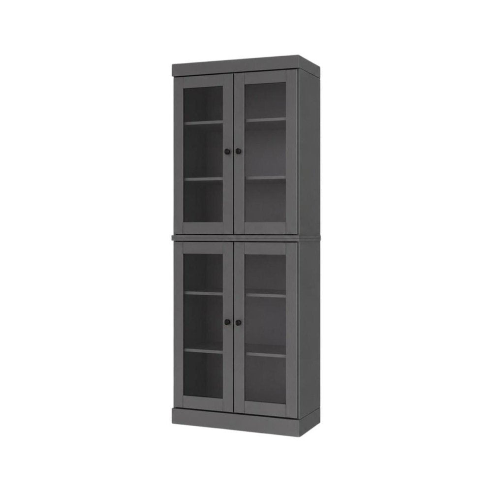 72" Gray Solid Wood Adjustable Six Tier Library Bookcase with Four Doors