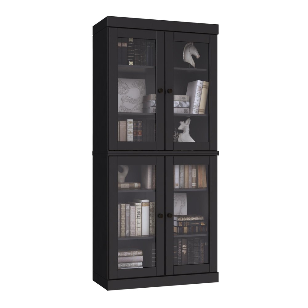 72" Black Solid Wood Adjustable Six Tier Library Bookcase with Four Doors