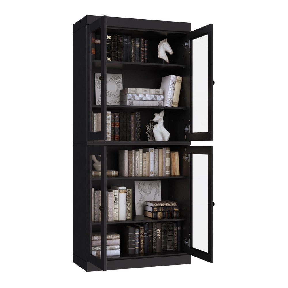 72" Black Solid Wood Adjustable Six Tier Library Bookcase with Four Doors