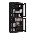 72" Black Solid Wood Adjustable Six Tier Library Bookcase with Four Doors