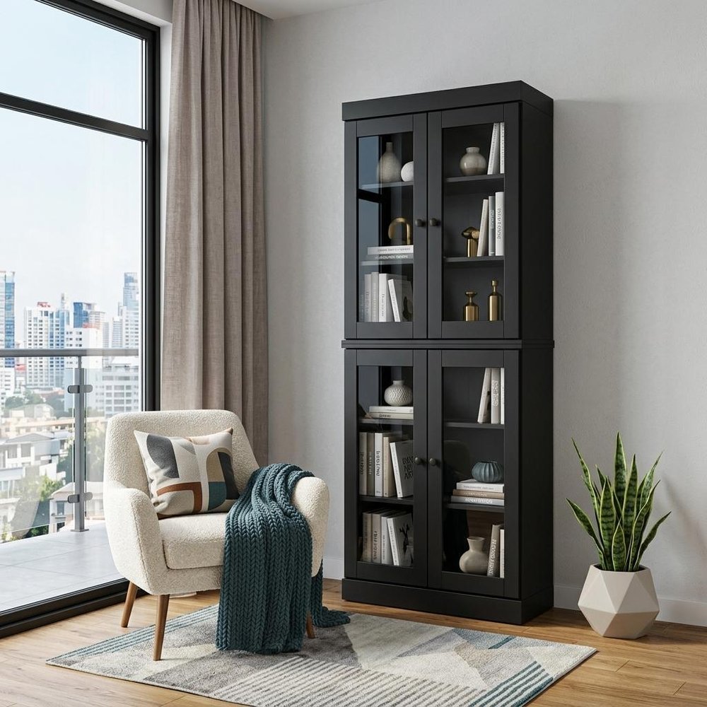 72" Black Solid Wood Adjustable Six Tier Library Bookcase with Four Doors