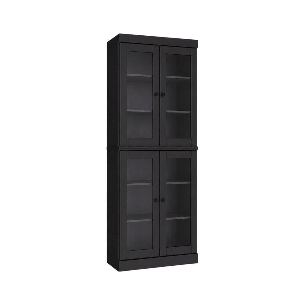 72" Black Solid Wood Adjustable Six Tier Library Bookcase with Four Doors